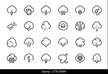 Icone delle linee odorose. Delinea gli elementi olfattivi per il logo, il fumo, la nebbia, il vapore, l'aroma, il profumo e il simbolo dell'odore. Pittogrammi del respiro vettoriale raccolta di illustrazione della linea di icone dell'odore Illustrazione Vettoriale