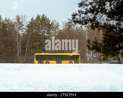 Autobus giallo brillante, i trasporti pubblici viaggiano su strada in periferia, periferia in inverno, paesaggio Foto Stock