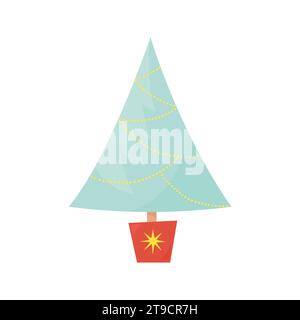 Grazioso piccolo abete blu natalizio decorato con ghirlande. Illustrazione isolata su sfondo bianco in stile piatto animato vettoriale Illustrazione Vettoriale