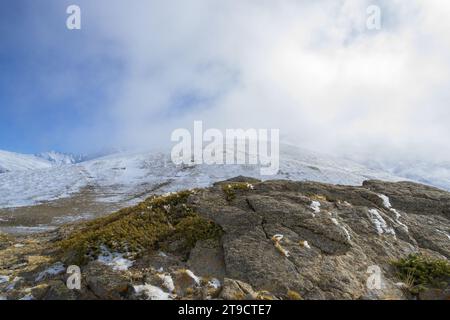 bufera di neve piena tra le montagne della sierra nevada, granada, andalusia, spagna, Foto Stock