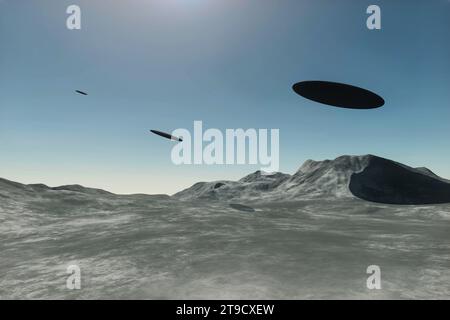 UFO astronavi alieni che volano sulle montagne alla luce del giorno. Illustrazione del rendering 3D di tre oggetti volanti non identificati Foto Stock