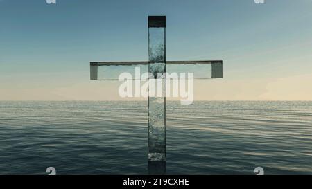 Croce di vetro in piedi nel mare. Illustrazione di Christian 3D Foto Stock