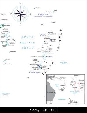 Mappa vettoriale politica altamente dettagliata di Tonga con le regioni amministrative e le principali città. Illustrazione Vettoriale