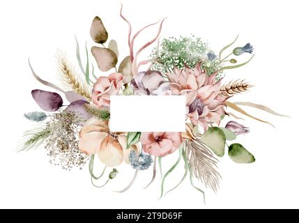 Cornice rettangolare in fiori selvatici. Cornice botanica ad acquerello di fiori essiccati su uno sfondo isolato. Un modello disegnato a mano per i biglietti di auguri Foto Stock