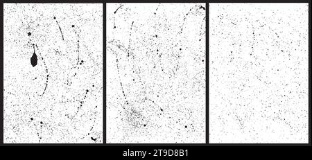 Set di texture spruzzi formato A4, tratti fatti a mano, schizzi di vernice reali. Tratti vettoriali di colore nero con spray, schizzi, gocce di inchiostro Illustrazione Vettoriale