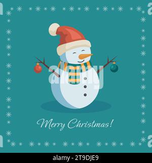 Buon Natale. Felice anno nuovo. Cartolina di Natale con il pupazzo di neve in un cappellino di Capodanno e una cornice di fiocchi di neve. Illustrazione vettoriale in stile piatto. Illustrazione Vettoriale