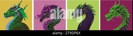 raccolta di draghi vettoriali. Set di simbolo del Capodanno cinese - drago. Grafica drago viola, verde, oro e grigio Illustrazione Vettoriale