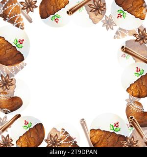 Cornice natalizia ad acquerello con biscotti croccanti di pan di zenzero con glassa, cannella e stella di anice. Capodanno dipingendo a mano spezie isolate su bianco Foto Stock