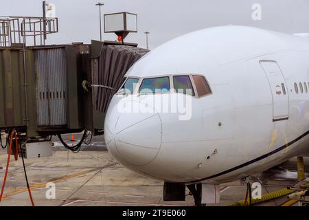 Manutenzione degli aeromobili aereo commerciale parcheggiato in aeroporto prima del volo successivo sul ponte di imbarco Foto Stock