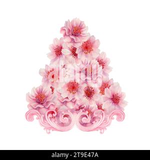 Ciliegie in fiore color rosa acquerello con pizzo per matrimonio, compleanno, decorazione di San Valentino. Illustrazione per cartolina, bordo, cornice isolata Foto Stock