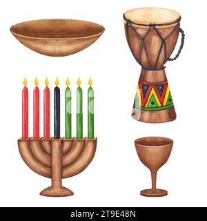 Insieme di elementi Kwanzaa. Kinara, sette candele brucianti, tazza, tamburo, calice. Vacanze afro-americane. Illustrazione ad acquerello disegnata a mano isolata Foto Stock