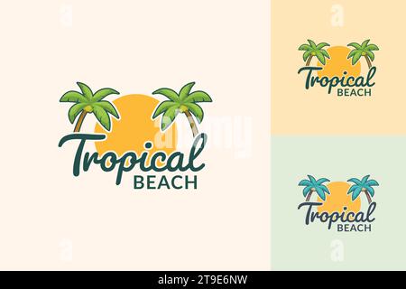 Emblema del paradiso tropicale con due palme e illustrazione vettoriale del modello del logo del tramonto Illustrazione Vettoriale