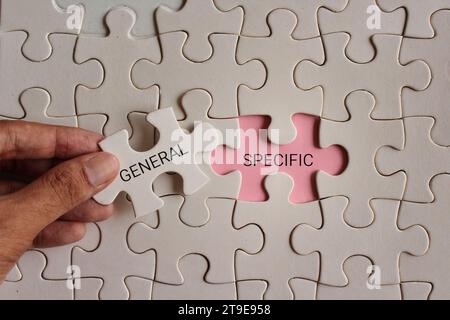 Scegli a mano un pezzo di puzzle scritto con IL GENERALE e rivela uno spazio vuoto scritto con SPECIFICHE. Foto Stock