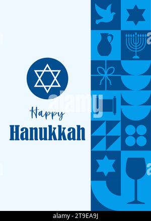 Felice cartolina di Hanukkah. Poster minimalista dal design geometrico anni '20 con elementi dalle forme tradizionali blu. Modello geometrico neo. Vettore Illustrazione Vettoriale