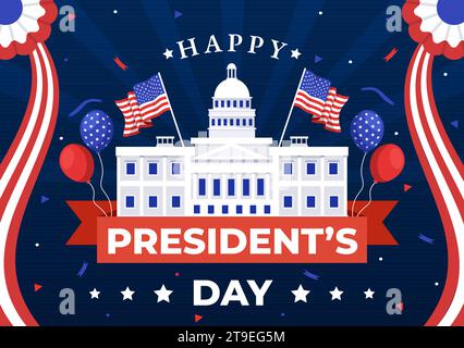 Felice Presidents Day illustrazione vettoriale il 19 febbraio con la bandiera del Presidente America e degli Stati Uniti nel disegno di fondo di cartone animato piatto Illustrazione Vettoriale