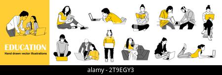 Illustrazione vettoriale disegnata a mano Education su bianco. Illustrazione Vettoriale