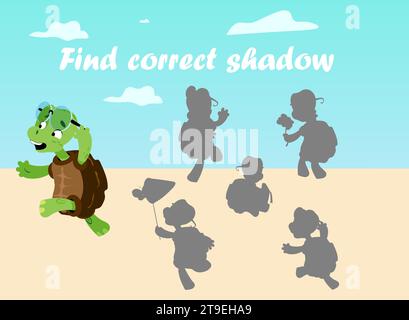 Tartaruga cartoon. Trova l'ombra corretta. Foglio di lavoro bambini in età prescolare. Compito di studio. Gioco logico. Cerca silhouette destra. Confronta il rettile divertente con le sfumature. Illustrazione Vettoriale