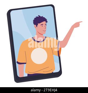 Videochiamata telefonica. Giovane sullo schermo dello smartphone. Tecnologia di comunicazione intelligente. Applicazione mobile. Ragazzo che punta il dito. Mostrando il gesto della mano. Creat Illustrazione Vettoriale