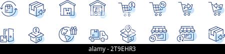 Spedizione ordini punto vendita. Servizi di consegna porta a porta, restituzione e rimborso. Icona Pixel Perfect Illustrazione Vettoriale