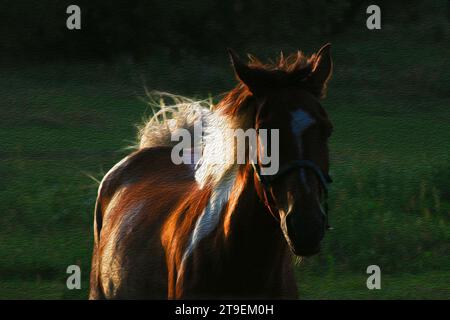 Cavallo della baia sul prato al sole del pomeriggio, immagine effetto pittura ad olio Foto Stock