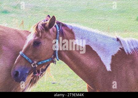 Cavallo della baia sul prato al sole del pomeriggio, immagine effetto pittura ad olio Foto Stock