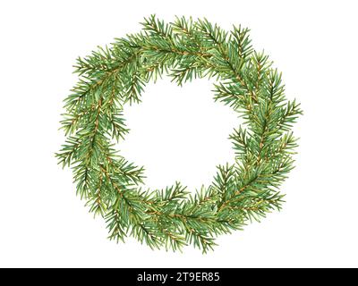Corona natalizia di rami di abete verde. Elemento decorativo per il nuovo anno in abete rosso. Illustrazione di Natale ad acquerello disegnata a mano per la decorazione. Design naturale Foto Stock