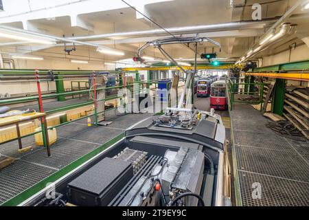 Wien, Straßenbahnremise Floridsdorf der Wiener Linien // Vienna, Tramway (tram) Depot Floridsdorf Foto Stock