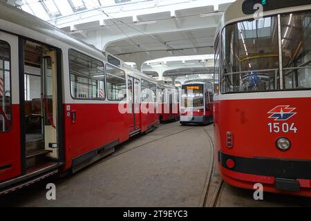 Wien, Straßenbahnremise Floridsdorf der Wiener Linien // Vienna, Tramway (tram) Depot Floridsdorf Foto Stock