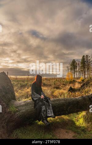 donna in abito nero e grigio con maniche da pipistrello e teschi sedeva su un albero caduto in una foresta Foto Stock