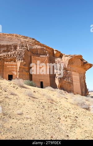 Hegra, Arabia Saudita - Hegra, nota anche come Mada'in Salih, è un sito archeologico situato nella zona di al-'Ula. Foto Stock