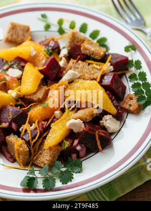 Panzanella di barbabietola e pane di segale con arance e feta vegan fatta in casa Foto Stock