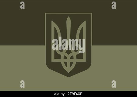 Tridente sullo scudo dell'esercito ucraino. Simbolo dell'esercito dell'Ucraina sullo sfondo del modello militare pixel. Scudo di insegne guerriere, parte di mili Illustrazione Vettoriale