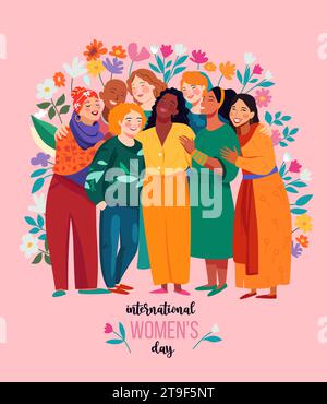Striscione della giornata internazionale della donna. Donne di diverse etnie stanno fianco a fianco. Illustrazione Vettoriale