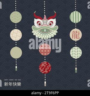 Capodanno cinese 2024, design d'arte moderna di colore oro e rosso per cartellini, poster e banner. Simbolo zodiaco cinese del Drago. I geroglifici significano Illustrazione Vettoriale