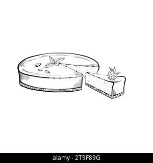 Cheesecake e fettine con menta e frutti di bosco. Illustrazione vettoriale. Stile grafico. disegnato a mano in uno stile semplice e minimalista. Può essere utilizzato per la cucina, appunti Illustrazione Vettoriale