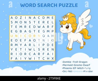 Puzzle di ricerca per parole con creature e animali magici. Illustrazione Vettoriale