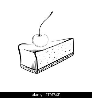 Fetta di cheesecake con ciliegia. Illustrazione vettoriale. Stile grafico. disegnato a mano in uno stile semplice e minimalista. Può essere utilizzato per cucina, appunti, libri di cucina Illustrazione Vettoriale