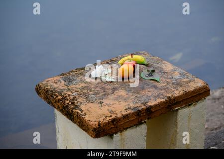 Offerta indù presentata a Mauritius al Ganga Talao o al Grand Bassin Sacred Lake con frutta e fiori Foto Stock