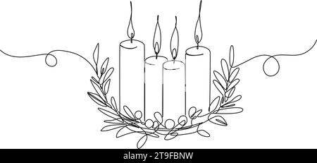 disegno continuo a linea singola della corona dell'avvento con quattro candele in fiamme, illustrazione vettoriale della linea di natale Illustrazione Vettoriale