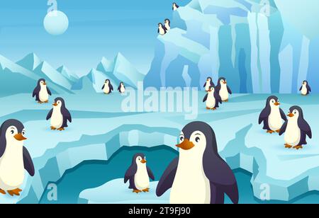 Gruppo di pinguini nella scena antartica . Vettore . Illustrazione Vettoriale