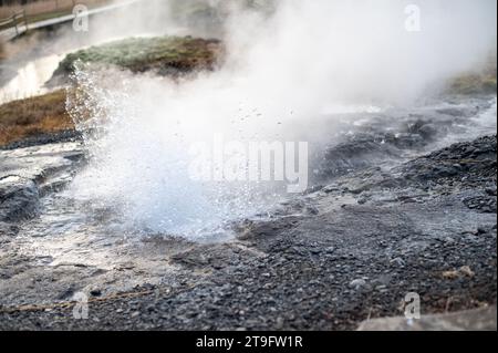 Mini geyser nella Laguna segreta, Islanda Foto Stock