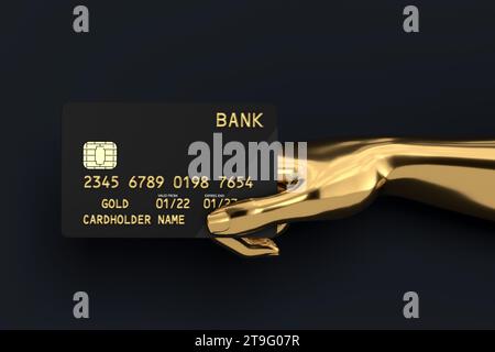 Carta di credito dorata in plastica nera con mano astratta Chip in oro su sfondo nero. Rendering 3D. Foto Stock