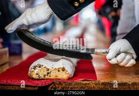 Dorfchemnitz, Germania. 25 novembre 2023. Una sosta natalizia lunga 40 metri viene tagliata al 1° festival Saxon Stollen nel villaggio avventura forestale di Blockhausen. Lo stollen era composto da singoli pezzi forniti da 25 panetterie di tre gilde (Erzgebirge, Vogtland e Meißen). I pezzi di sgabello sono stati venduti per una buona causa. Crediti: Kristin Schmidt/dpa/Alamy Live News Foto Stock