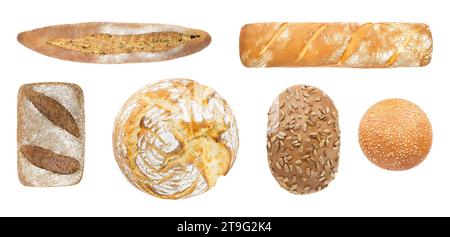 Prodotti da forno, set di pane bianco e scuro, vista dall'alto, isolato su sfondo bianco Foto Stock