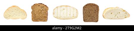 Prodotti da forno per cuocere a fette, set di pane bianco e scuro, isolati su fondo bianco Foto Stock