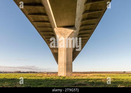 Una vista sotto il Mersey Gateway Bridge, che attraversa il fiume Mersey e il Manchester Ship Canal e collega le città di Runcorn e Widnes, entrambe nel Cheshire, Regno Unito. Ha aperto nel 2017 ed è di design strallato. Il panorama è preso dall'isola di Wigg, ora una riserva naturale della comunità Foto Stock