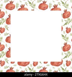 Cornice ad acquerello di melograni e rami. Cornice di melograno con frutti rossi maturi, melograno. Illustrazione botanica del disegno a mano di melograno Foto Stock