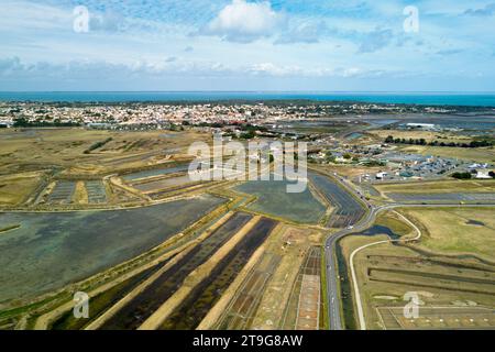 Vista aerea degli stagni di evaporazione del sale nell'isola di Noirmoutier in Vandea, Francia Foto Stock