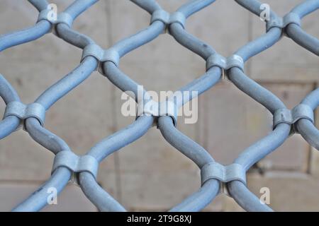 Primo piano di un reticolo protettivo decorato in metallo nella porta, ingresso di sicurezza non accessibile, reticolo progettato in architettura a forma di pizzo Foto Stock