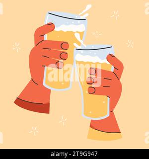 Brindisi. Due mani reggono bicchieri di birra Illustrazione Vettoriale